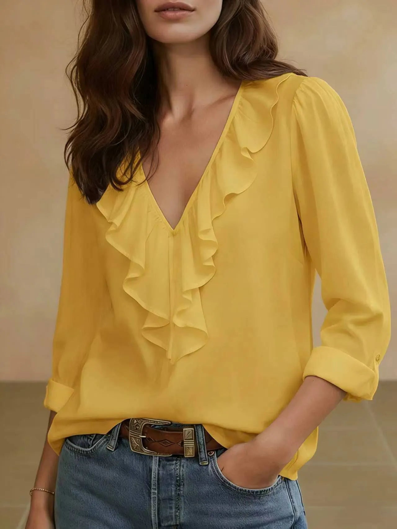 Front Ruffle V Neck Blouse