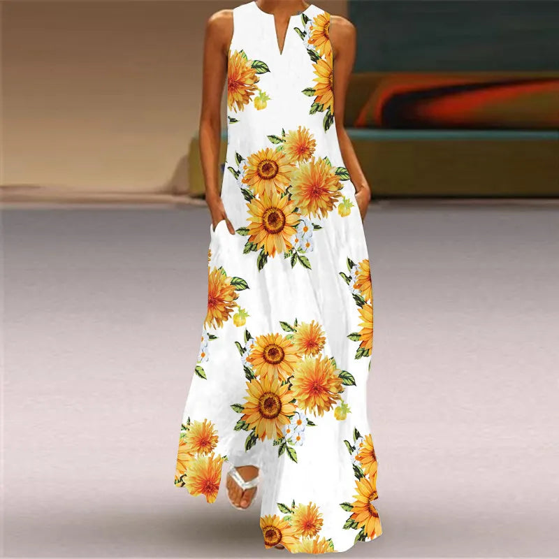 3D Butterfly Print V-Neck Sleeveless Loose A-Line Maxi Dress