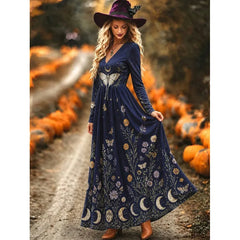 Bohemian Moon & Wildflower Print Long Dress, Deep V Neck Butterfly Moth Long Sleeve Gown