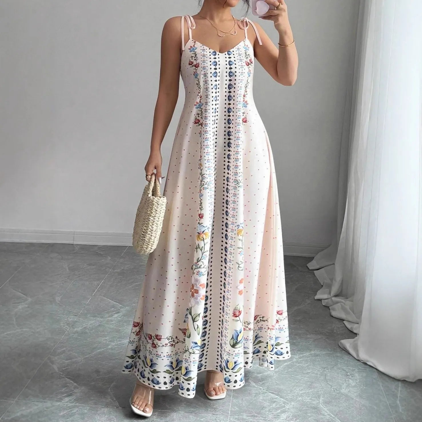 White Floral Print Tie Shoulder Maxi Dress