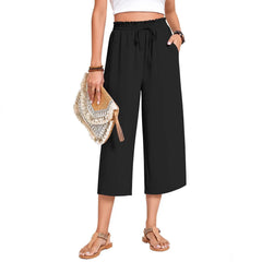 Matching Flowy Linen Look Floral Print Drawstring High Waist Loose Cropped Casual Daily Outfit Pants