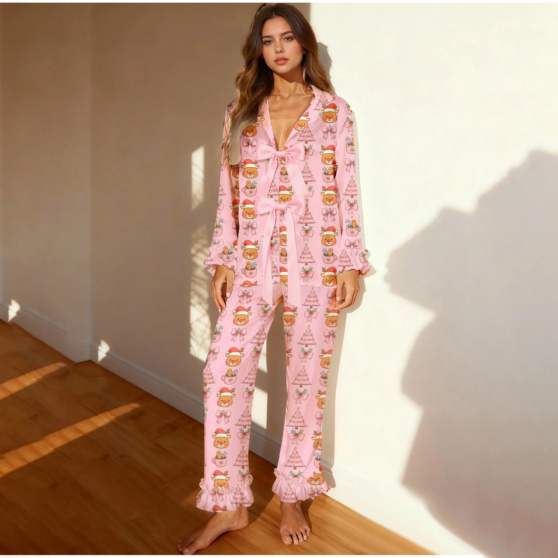 Button Down Ruffle Cuff Long Pants Holiday Loungewear Set