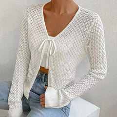 Geometric Pattern Knit Long Sleeve Cardigan, Loose V-Neck Lace-Up Sweater