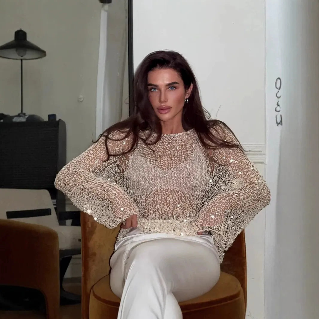 Sparkly Sequin Crochet Mesh Top, Boat Neck Long Bell Sleeve Sheer Knit