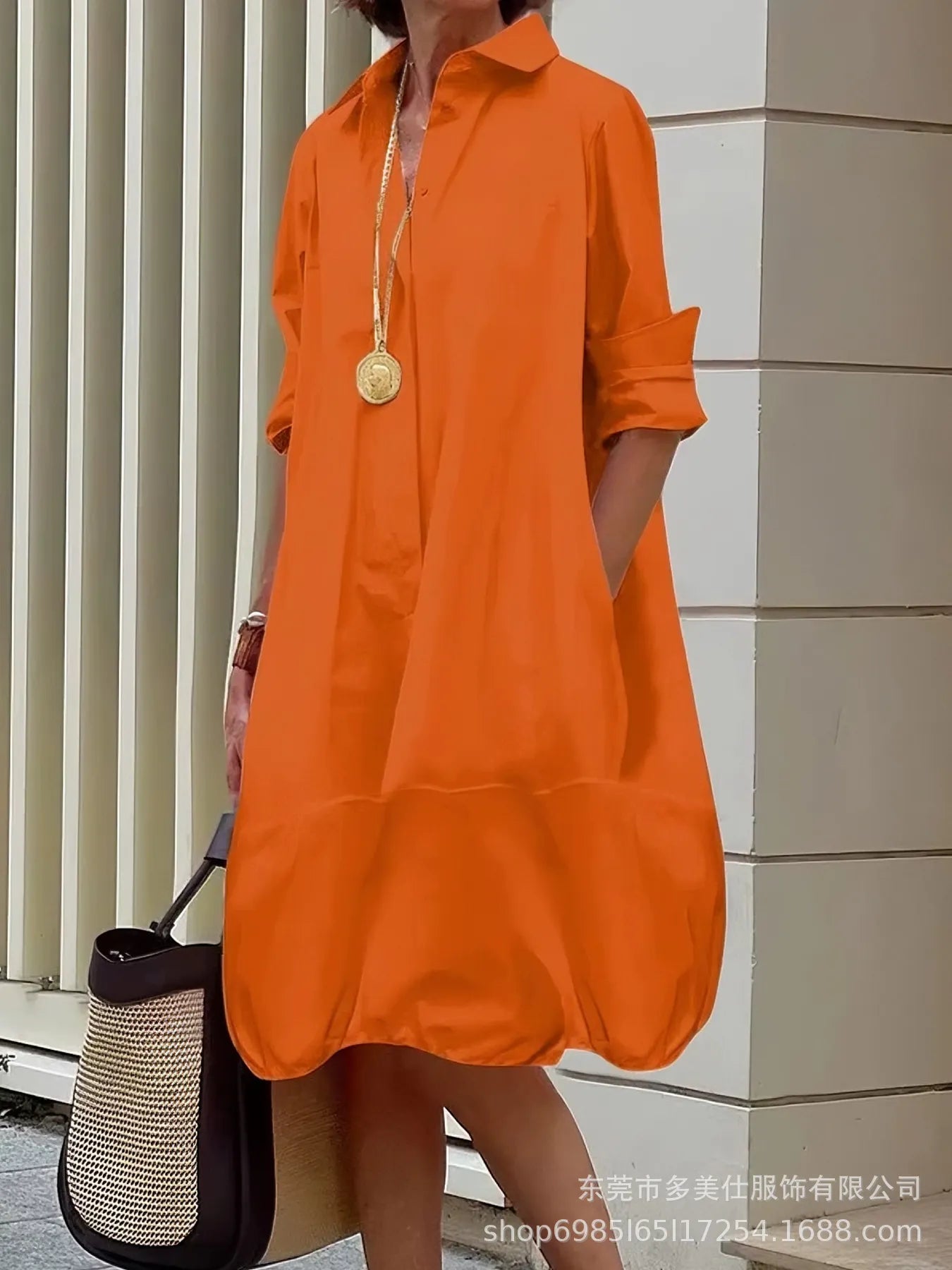 Solid Color Button Front Pocket Shirt Midi Dress