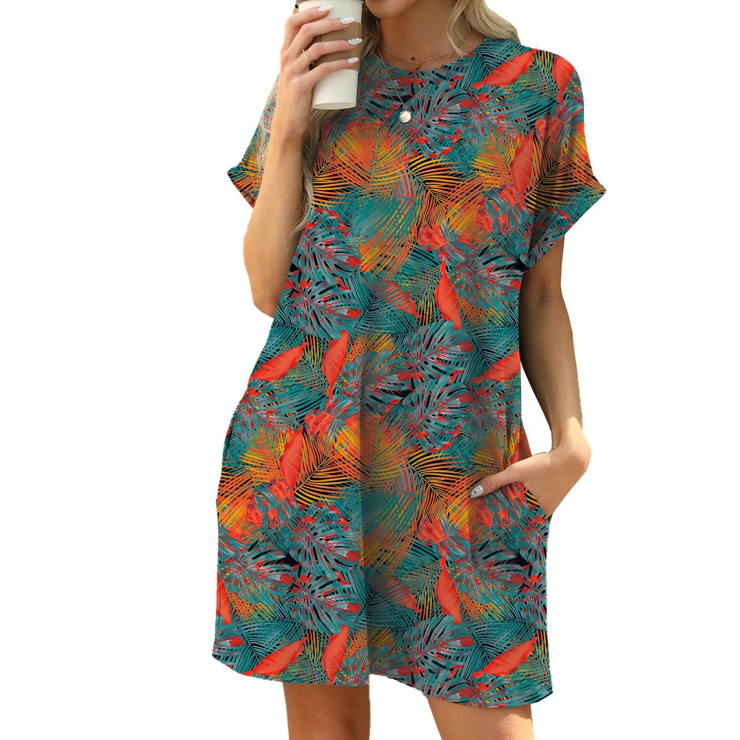 Round Neck Floral Print Loose A-Line Mini Dress With Side Pockets Casual Campus Daily Commuter Dress