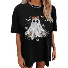 Halloween Lace Ghost Bow Print Crew Neck Short Sleeve T‑Shirt