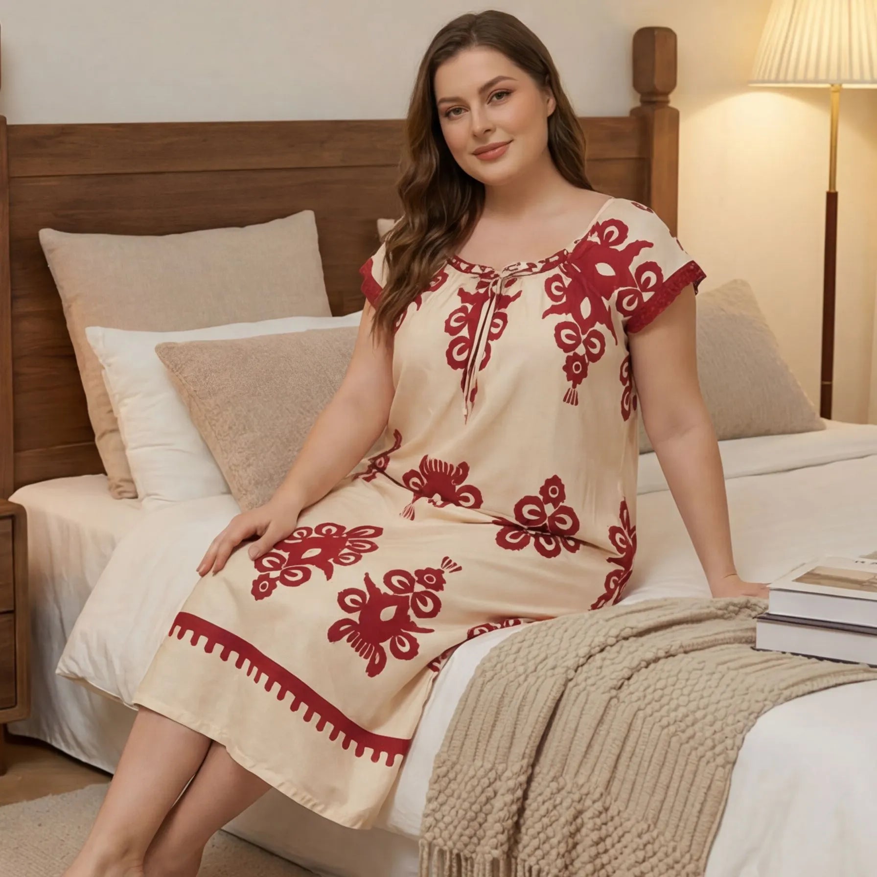 Curvy Bohemian Print Nightdress, Beige Base Red Graphic Short Sleeve Loose Midi Night Gown