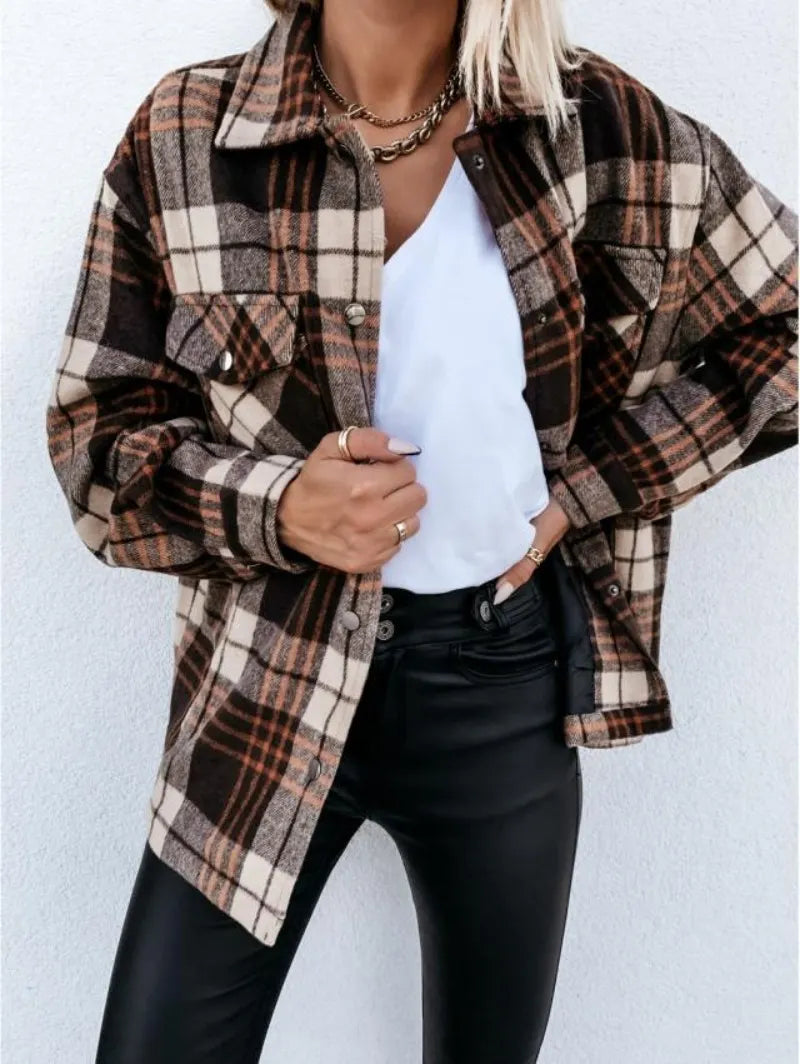 Fall Outfit Brown Check Shacket, Loose Fit Flannel Plaid Shirt Coat
