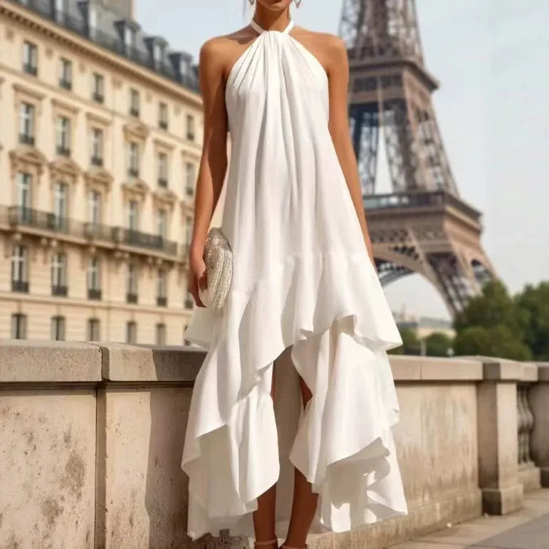 Halter Neck Solid Color Ruffle Asymmetrical Hem Long Maxi Dress