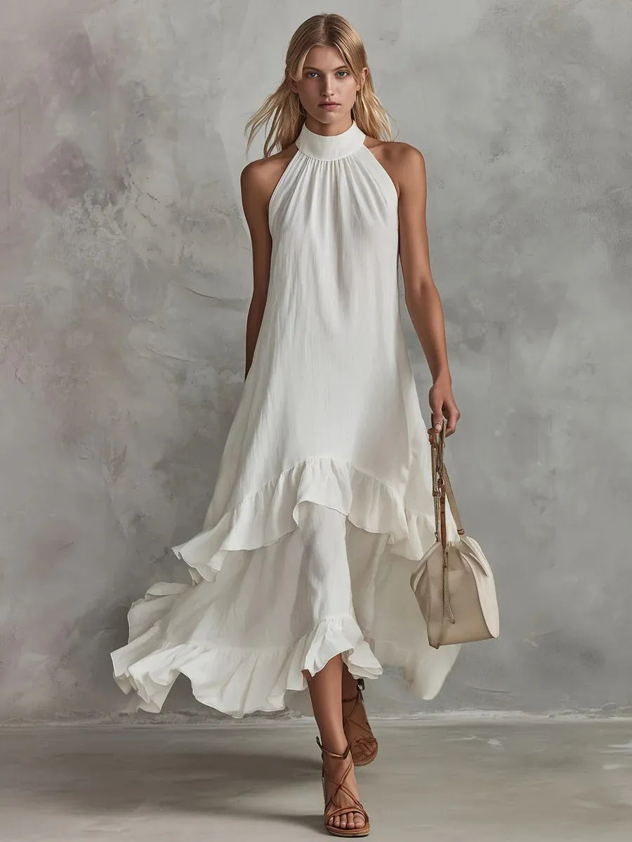 Halter Neck Tiered Ruffle Flowy Midi Chiffon Dress