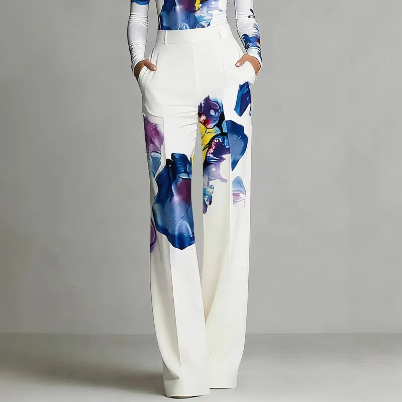 White Base Abstract Watercolor Floral Print High Waist Micro Stretch Straight Wide Leg Long Casual Pants