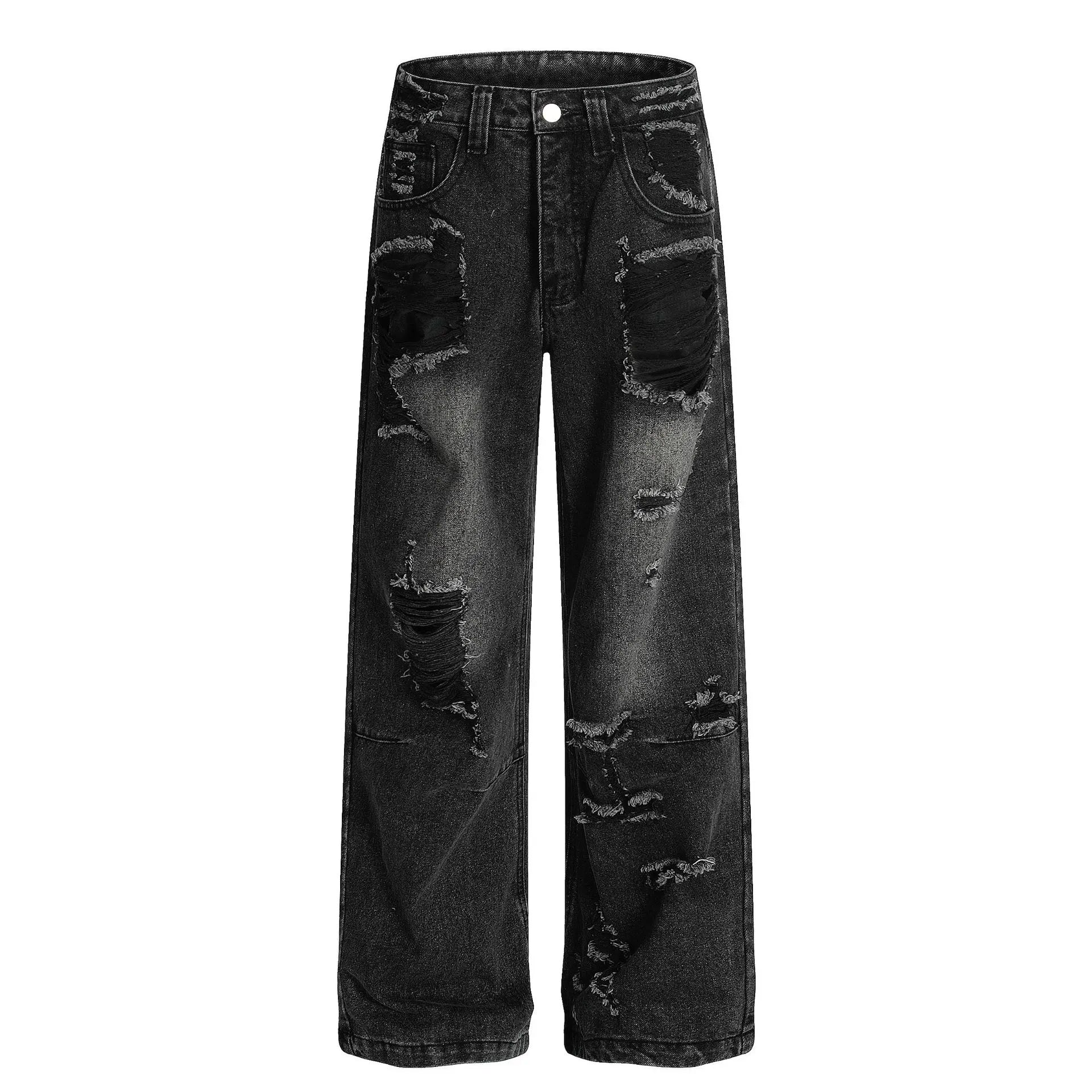 Mid Waist Non-Stretch Ripped Straight Denim Jeans