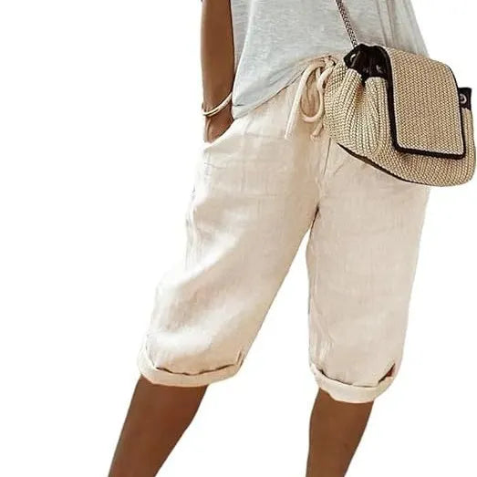 Cotton Linen Drawstring Waist Capri Pants,