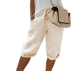 Cotton Linen Drawstring Waist Capri Pants,