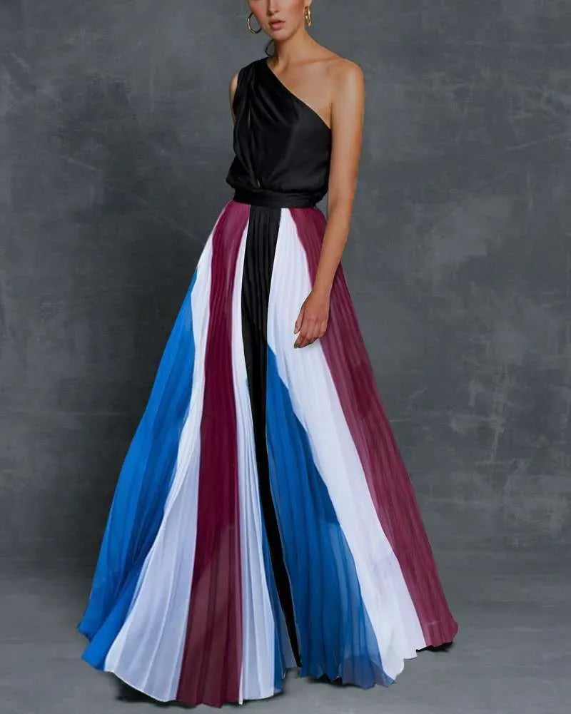 One Shoulder Color Block Printed Maxi Dress