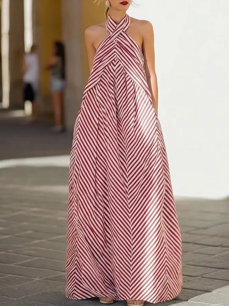 Striped Print Halter Backless Loose A-Line Floor-Length Maxi Dress