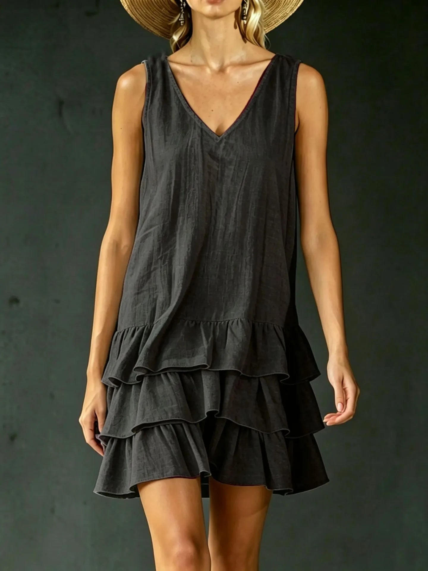 Solid V-Neck Sleeveless Layered Ruffle Spliced Straight Loose Mini Dress