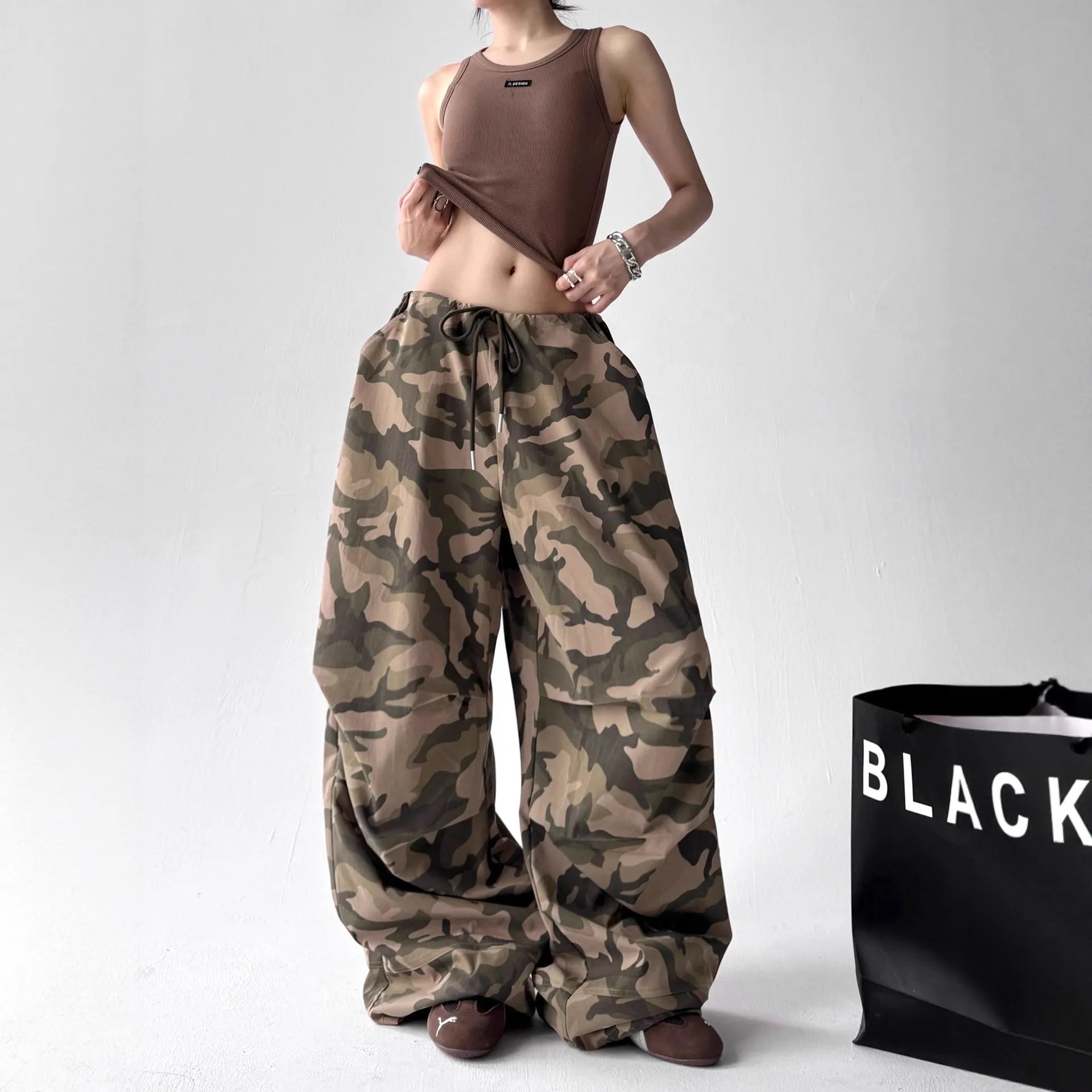 Printed Flare Work Pants | High Waist Camo Print Drawstring Wide Leg Hip Hop Cargo Trousers