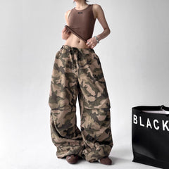 Printed Flare Work Pants | High Waist Camo Print Drawstring Wide Leg Hip Hop Cargo Trousers