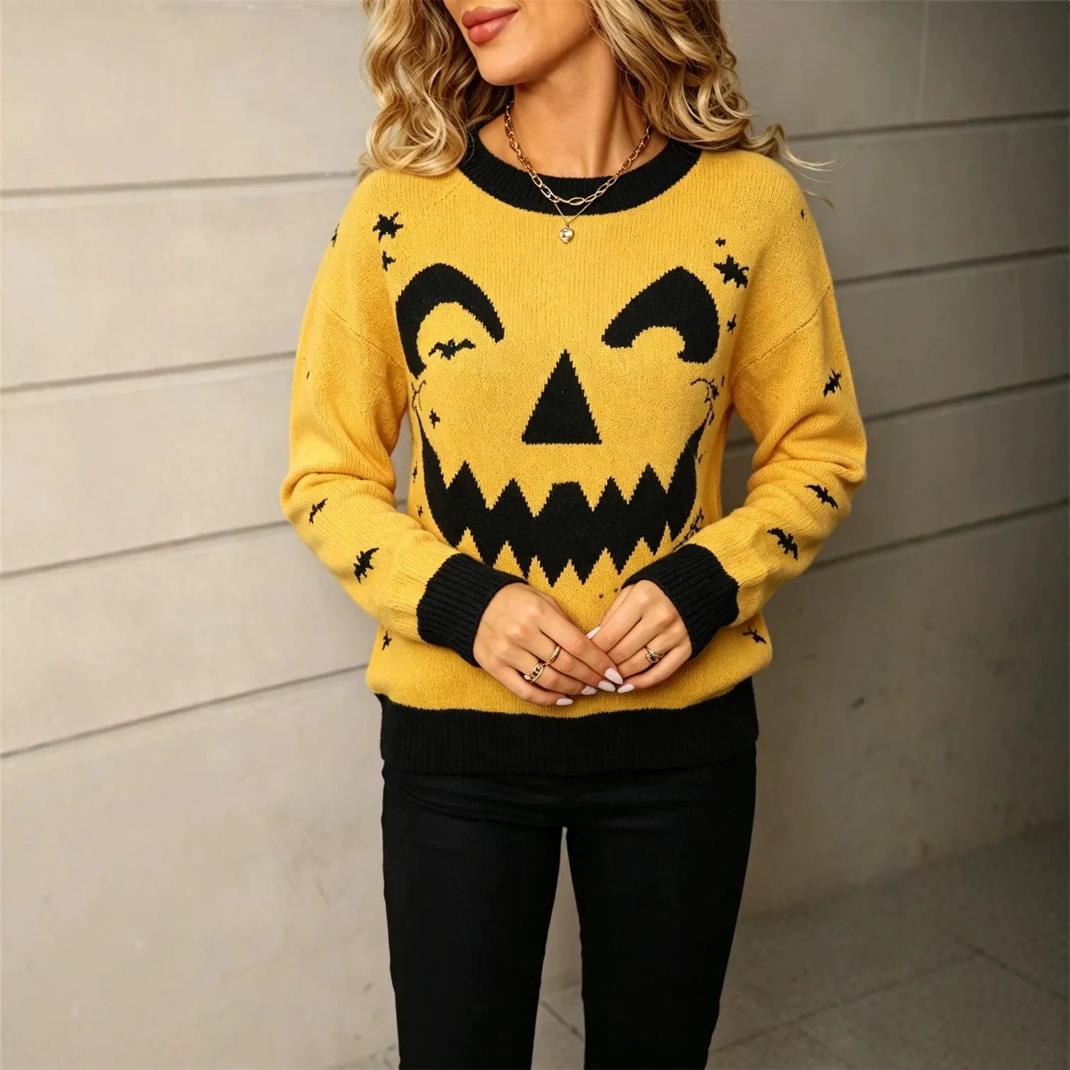 Halloween Pumpkin Face Crew Neck Sweater