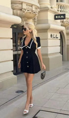 Contrast Collar Button Front Short Sleeve A-Line Mini Dress