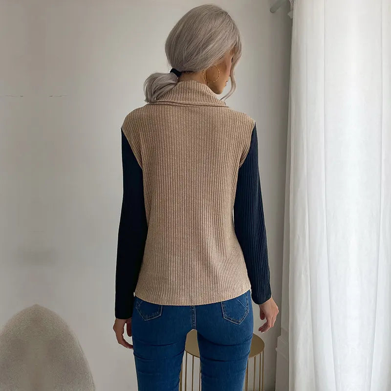 Irregular Spliced Stacked Collar Pullover Sweater