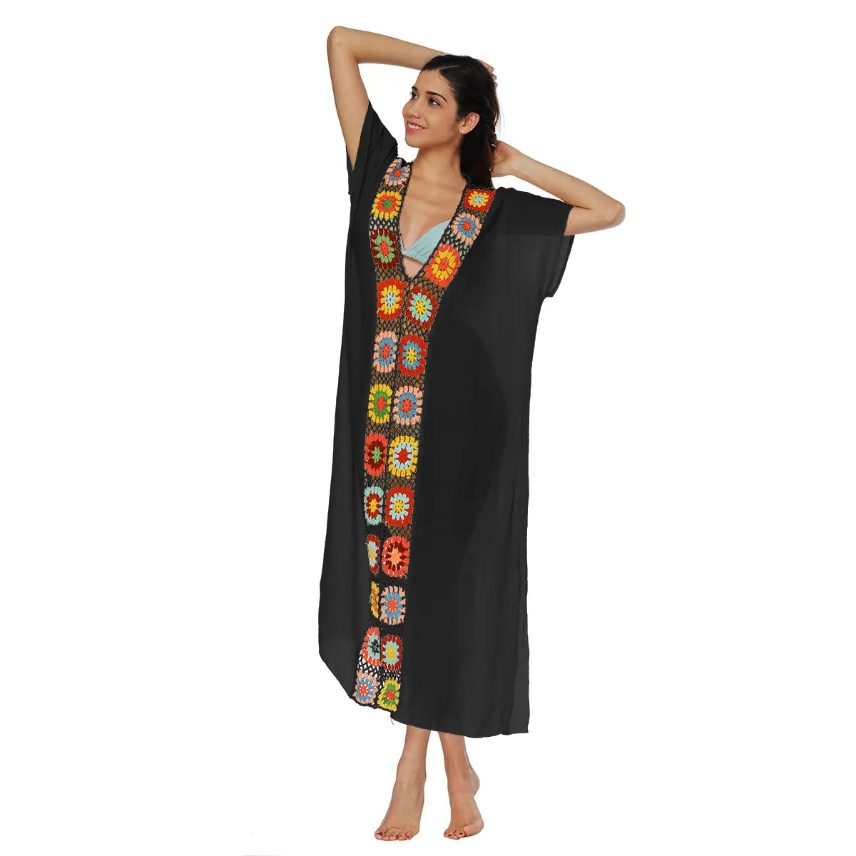 Colorful Crochet V-Neck Batwing Sleeve Loose Long Cover-Up Dress