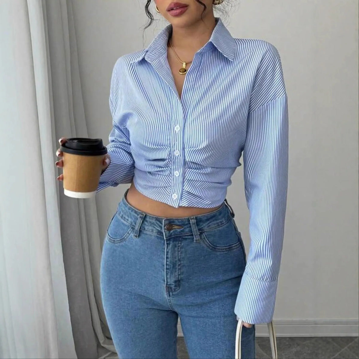 Striped Ruched Cropped Button Down Shirt