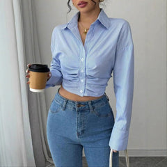 Striped Ruched Cropped Button Down Shirt