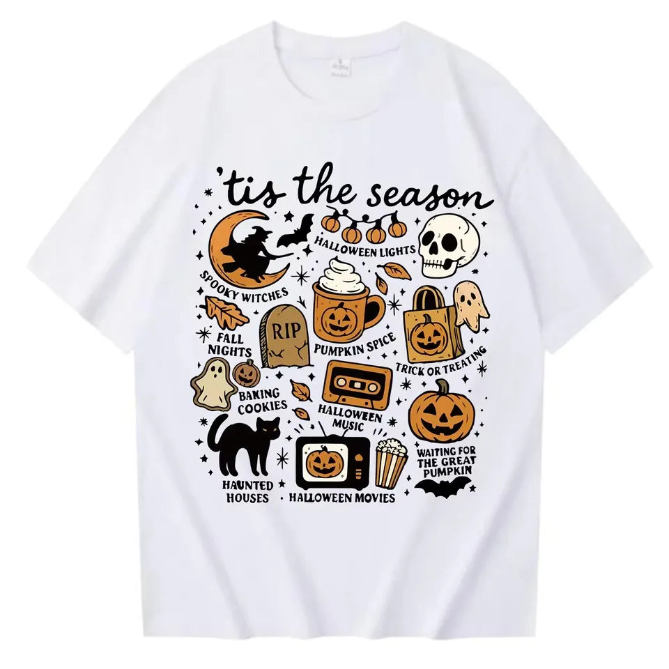 Halloween Retro Letter Graphic Crew Neck Short Sleeve T‑Shirt