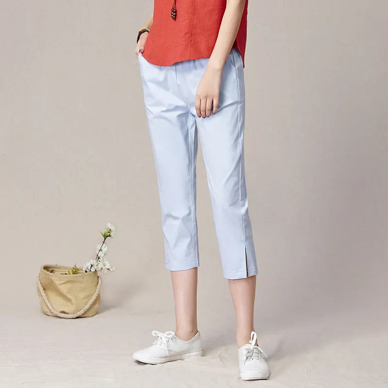 Mid Waist Elastic Waist Split Hem Straight Cropped Commuter Casual Pants