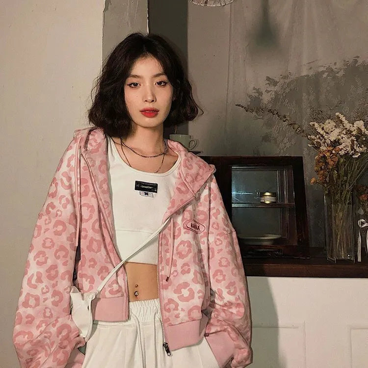 Y2K Pink Leopard Print Cropped Zip Up Hoodie Long Sleeve Crop Sweatshirt