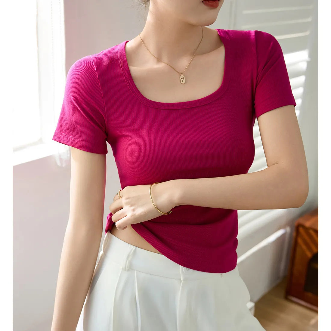 Square Neck Ribbed Short Sleeve T-Shirt,