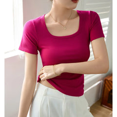 Square Neck Ribbed Short Sleeve T-Shirt,