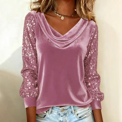 Gold Velvet Sequin Sleeve Cowl Neck Top