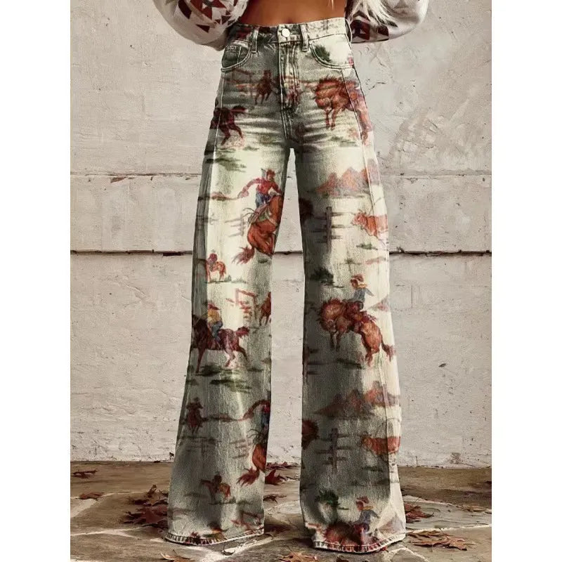 High Waist Western Cowboy Horse Print Wide Leg Pants