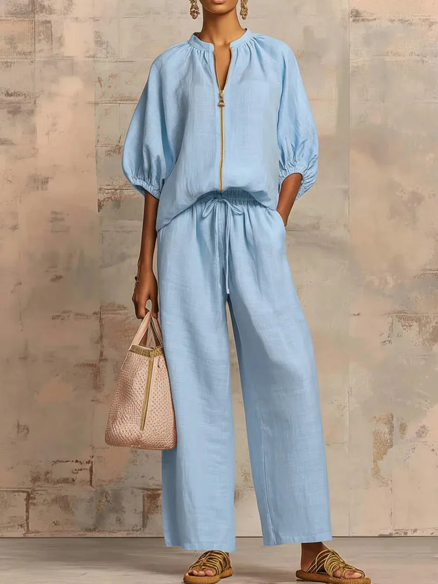 Stand Collar Gold Zip Linen 2 Piece Outfit, Puff Sleeve Drawstring High Waist Wide Leg Pocket Pants