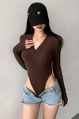 Buttons V-Neck Long Sleeve Tight Bodysuit