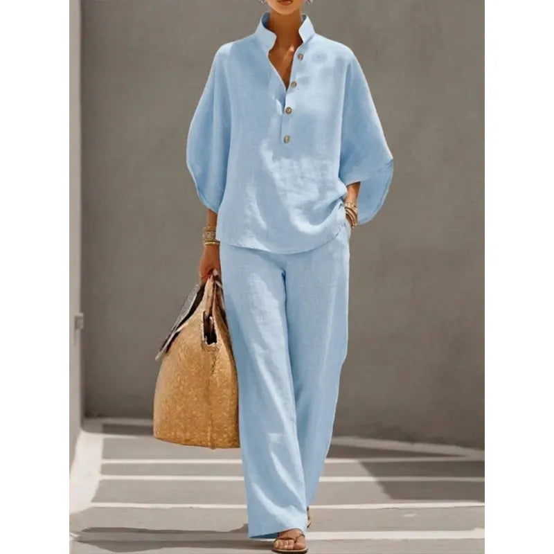 Solid Color Casual Two-Piece Shirt & Pants Set