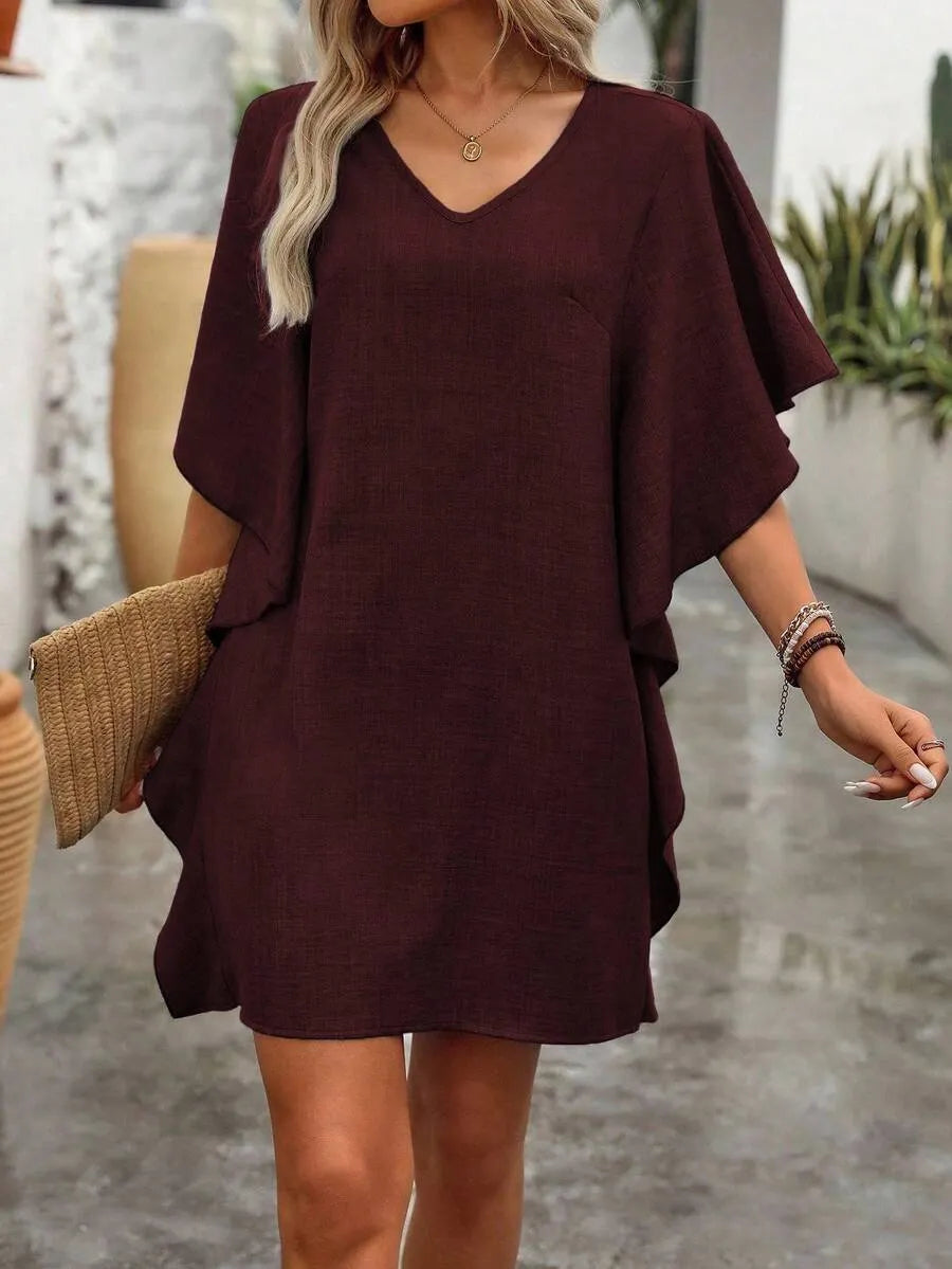 Loose V-Neck Ruffle Sleeve Mini Dress