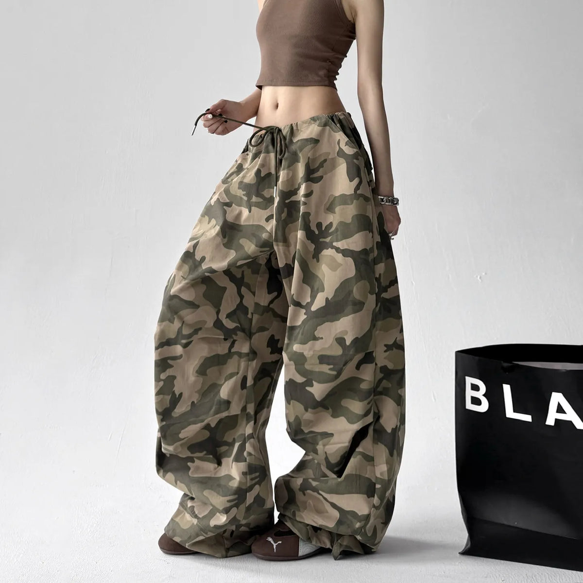 Printed Flare Work Pants | High Waist Camo Print Drawstring Wide Leg Hip Hop Cargo Trousers