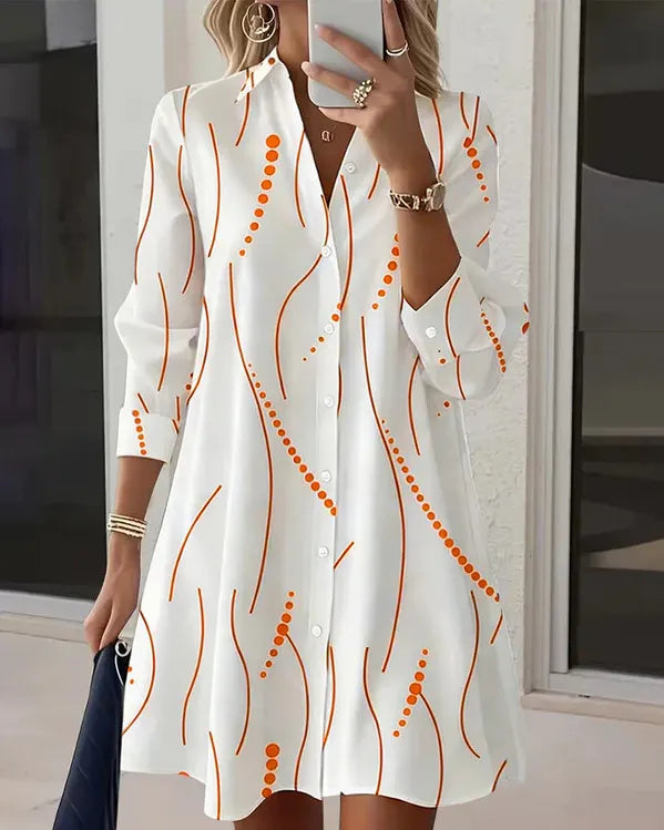Strip Dot Line Print Lapel Long Sleeve Shirt Mini Dress