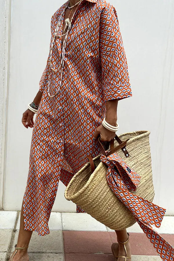 Lapel Five-Quarter Sleeve Printed Loose Maxi Dress Ethnic Travel Shirt Dress