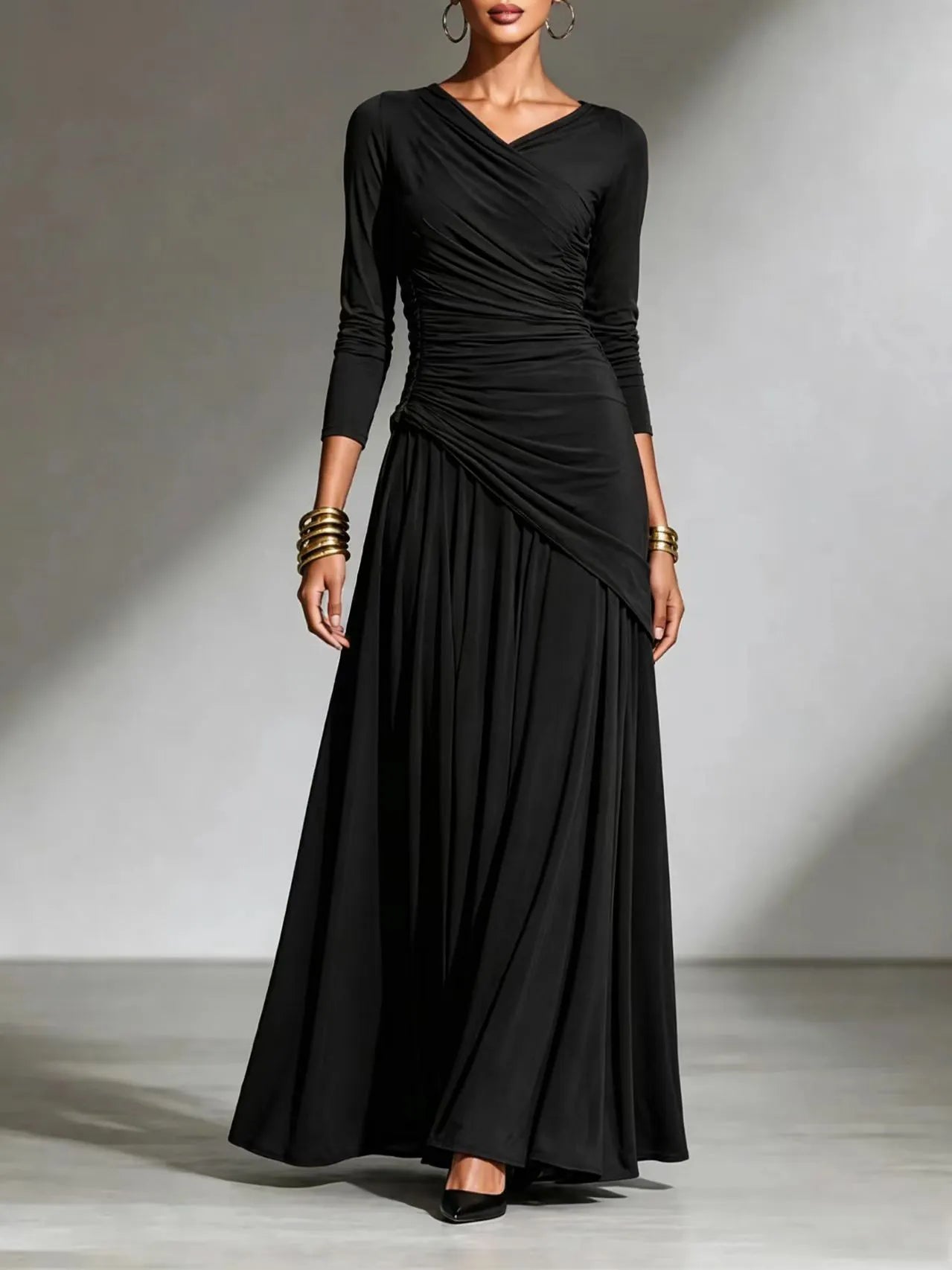 Elegant Long Sleeve Maxi Dress, Surplice V Neck Side Ruched Asymmetrical Flowy Gown