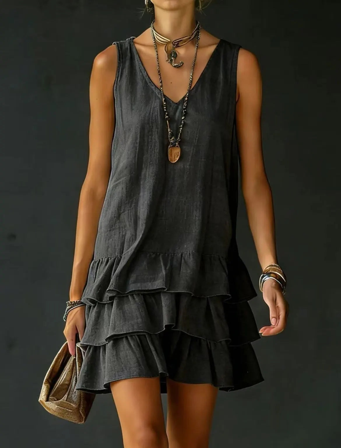 Sleeveless V-Neck Loose Tiered Ruffle Hem Solid Casual Mini Dress