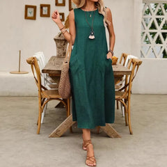 Solid Color Round Neck Sleeveless Loose A-Line Pocket Casual Maxi Dress