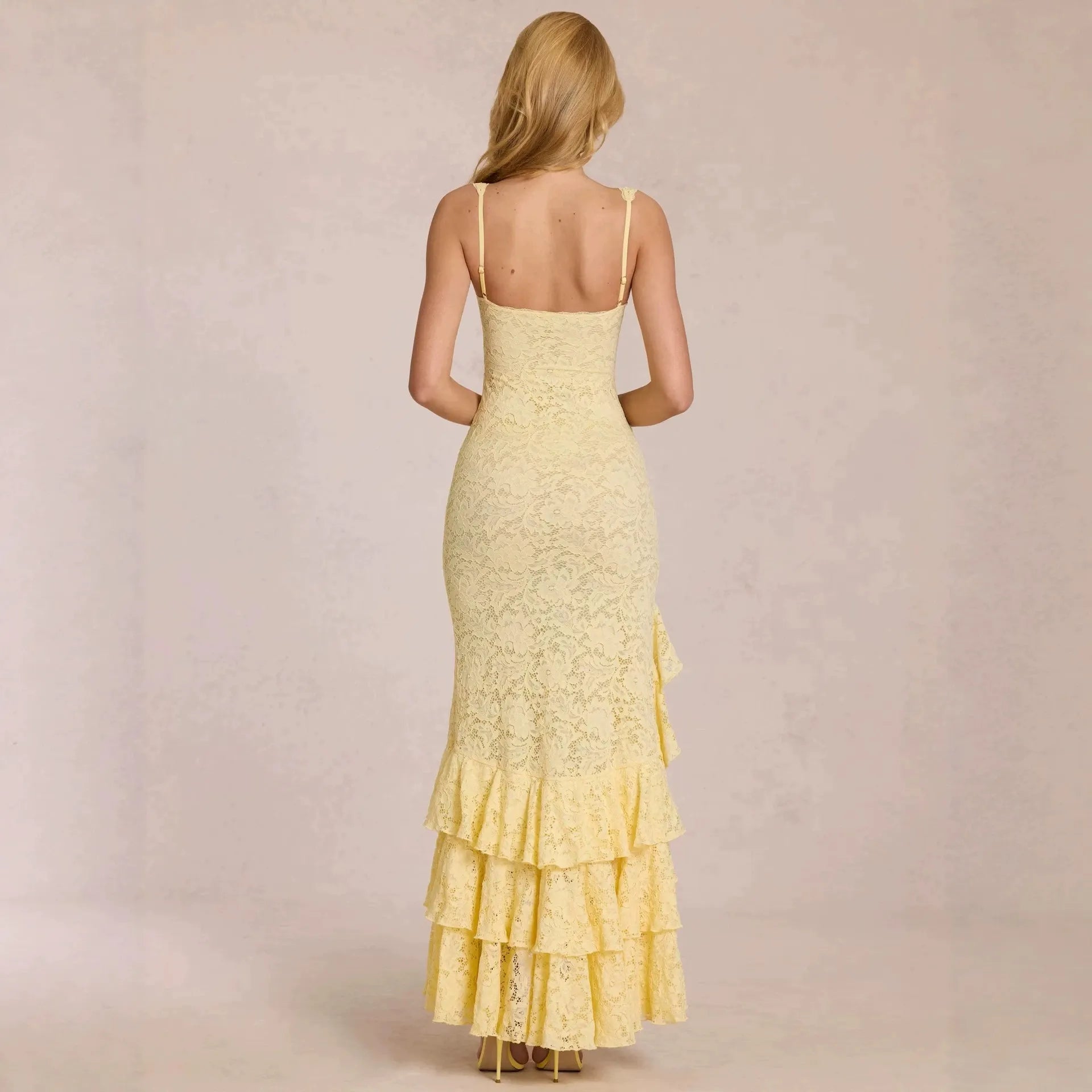 Square Neck Lace Spaghetti Strap High Slit Mermaid Maxi Dress