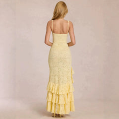Square Neck Lace Spaghetti Strap High Slit Mermaid Maxi Dress