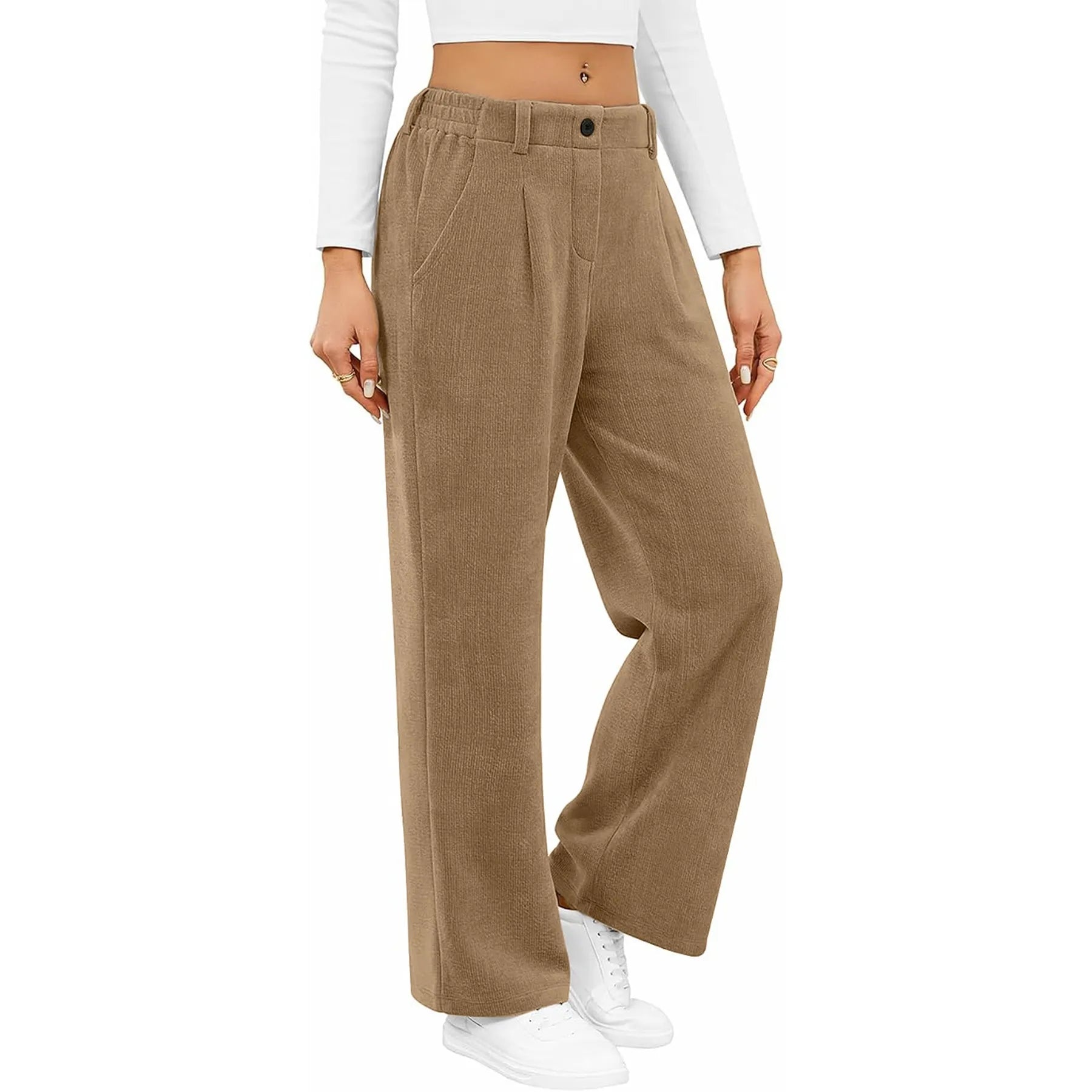 High Waist Elastic Back Straight Leg Casual Pants